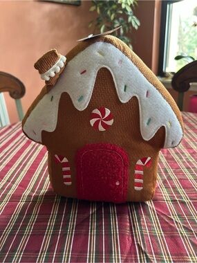 Holiday Gingerbread House Plush Decoration - Brown & Red